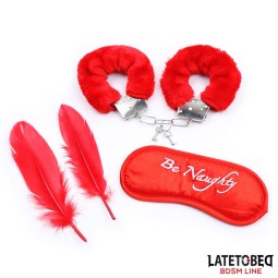 3 Pieces Bondage Set Cuffs Eye Mask and Feathers