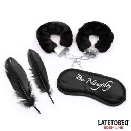 3 Pieces Set Mask Handcuffs and Feathers Black