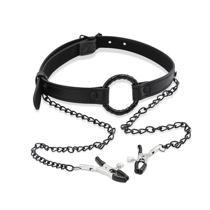 O Ring Gag and Nipple Clamps Vegan Leather