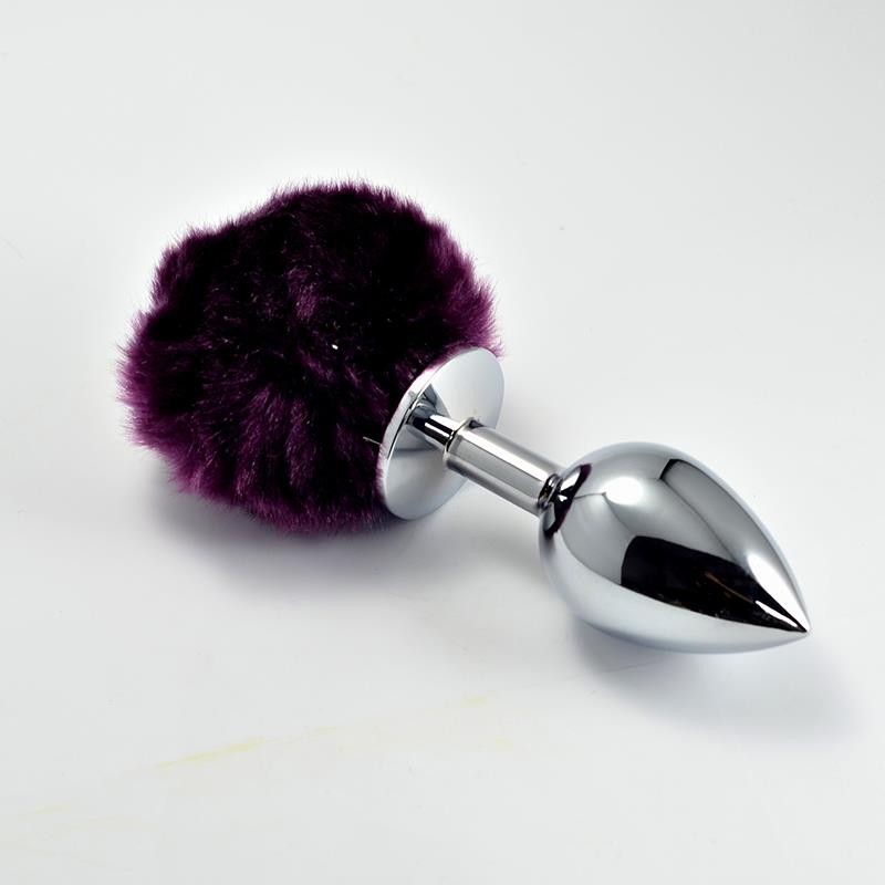 Metal Butt Plug with Purple Pompon Size L