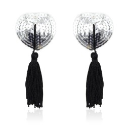 Self Adhesive Heart Sequin Nipple Cover with Tassel Silver Black