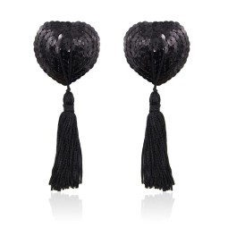 Self Adhesive Heart Sequin Nipple Cover with Tassel Black