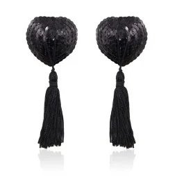 Self Adhesive Heart Sequin Nipple Cover with Tassel Black