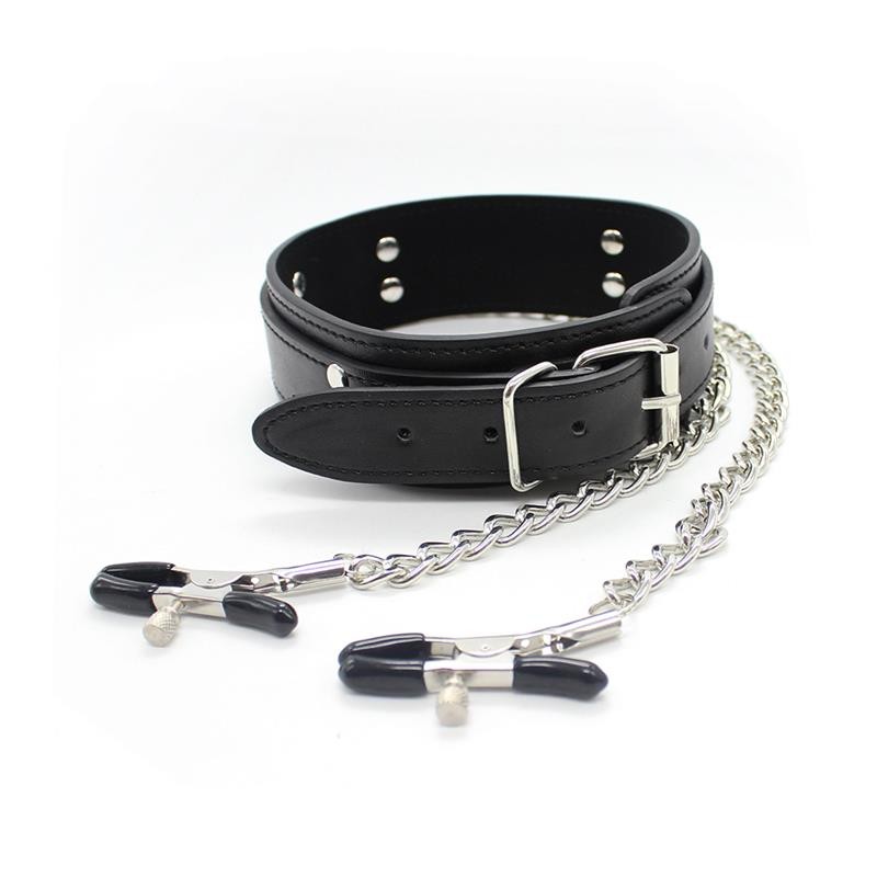 Collar with Nipple Clamps and metal Chain Black