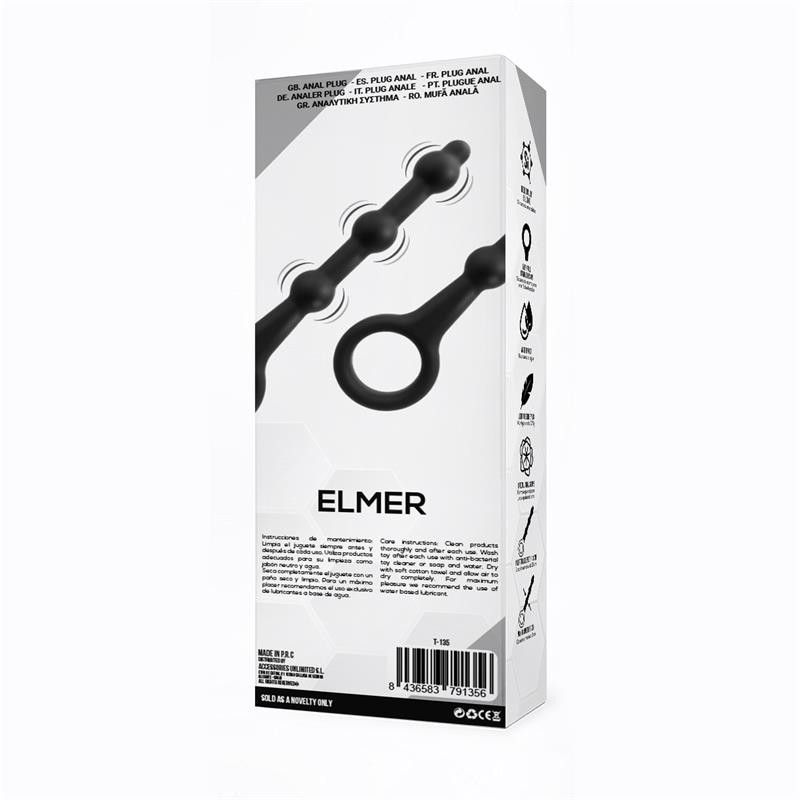 Elmer Beaded Butt Plug with Easy Pull Ring Silicone Black